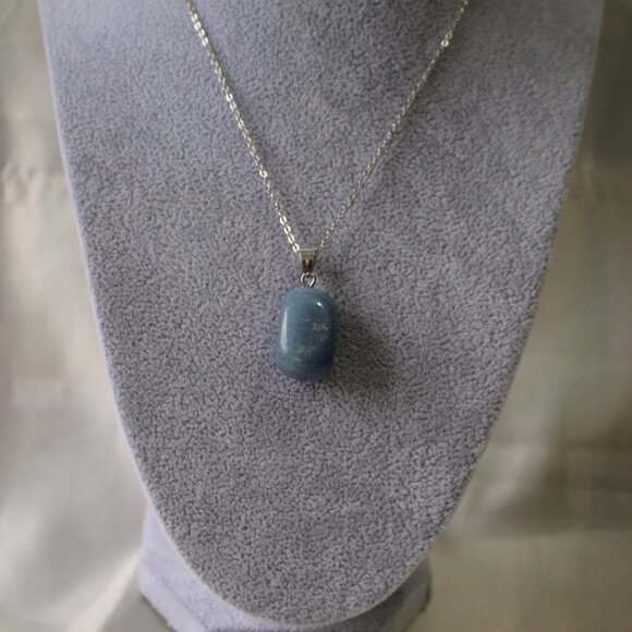 Jewelry - Blue Polished Stone Pendant Necklace on Silver Chain – Natural Gem Look